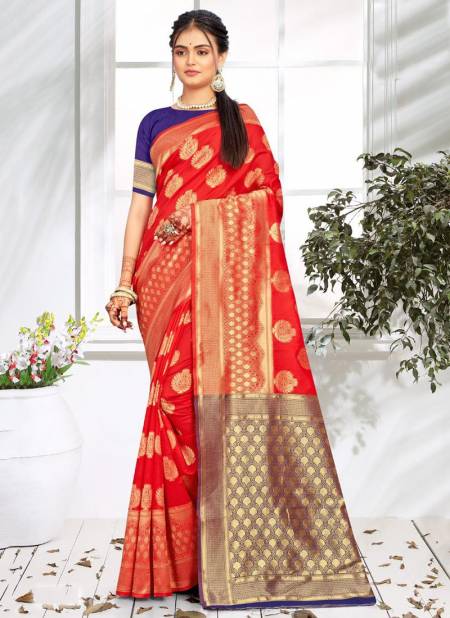 Orange Colour Santraj Flower Booti New Exclusive Wear Fancy Designer Banarsi Silk Saree Collection S-5001